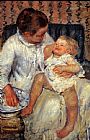 Child Canvas Paintings - Mother about to Wash her Sleepy Child 1880